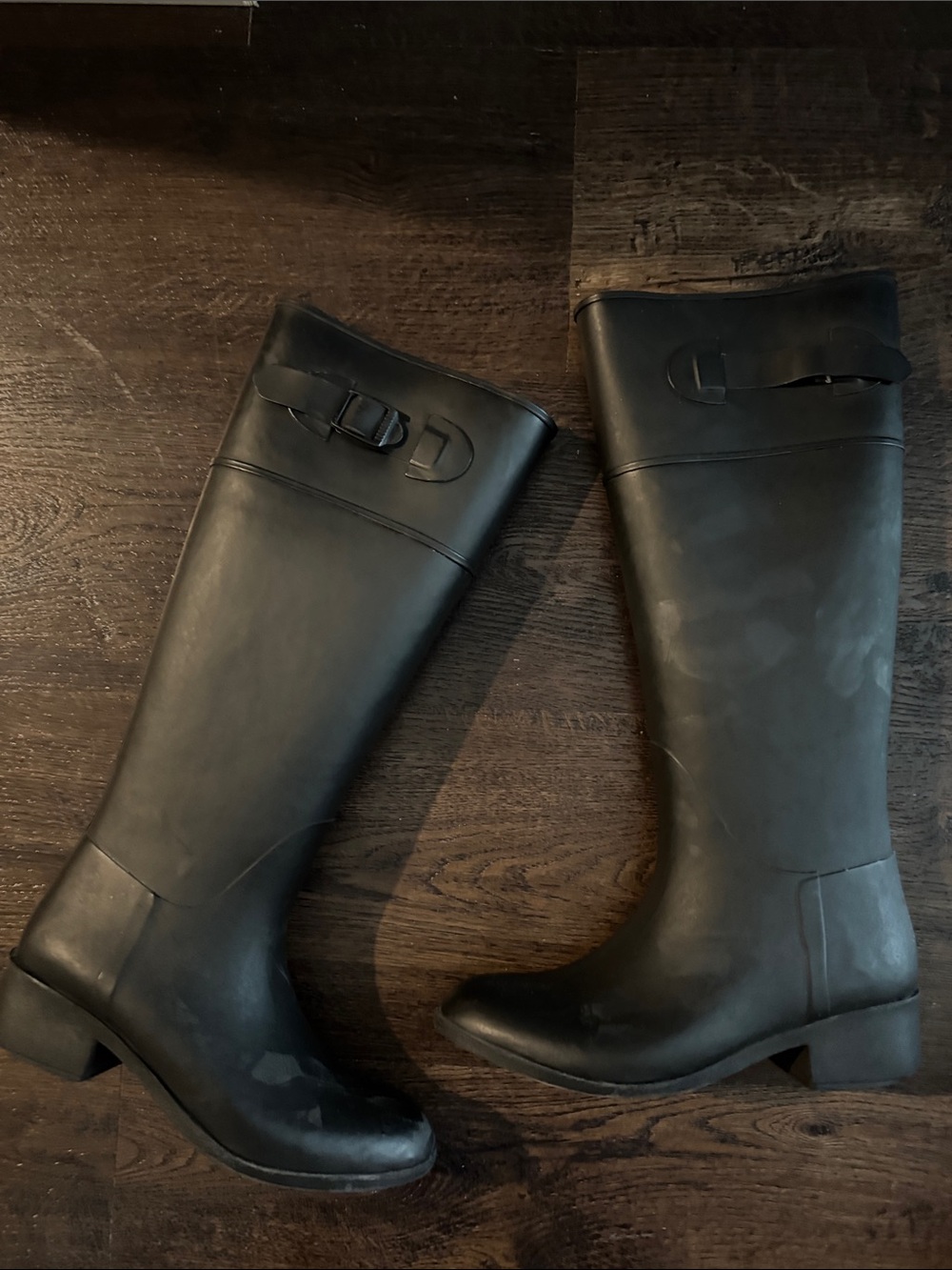 Black Tall Rain Boots with Buckle Detail